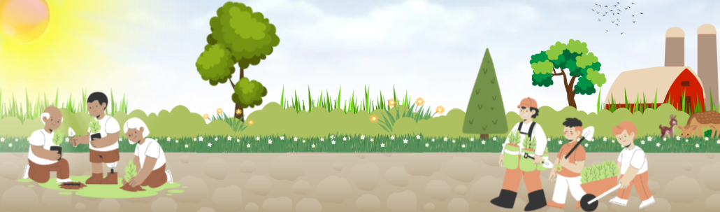 Illustration of families planting trees in teh ground with trees and a farm setting in background
